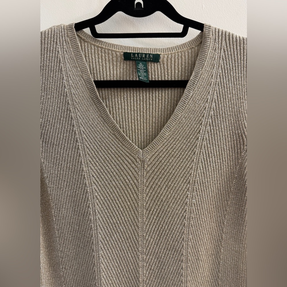 Lauren Ralph Lauren Gold Metallic V-Neck Sweater XL Shimmer Ribbed Knit - Picture 4 of 11